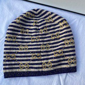 Gucci Knit Beanie in Blue and Ivory with Gold Lamé